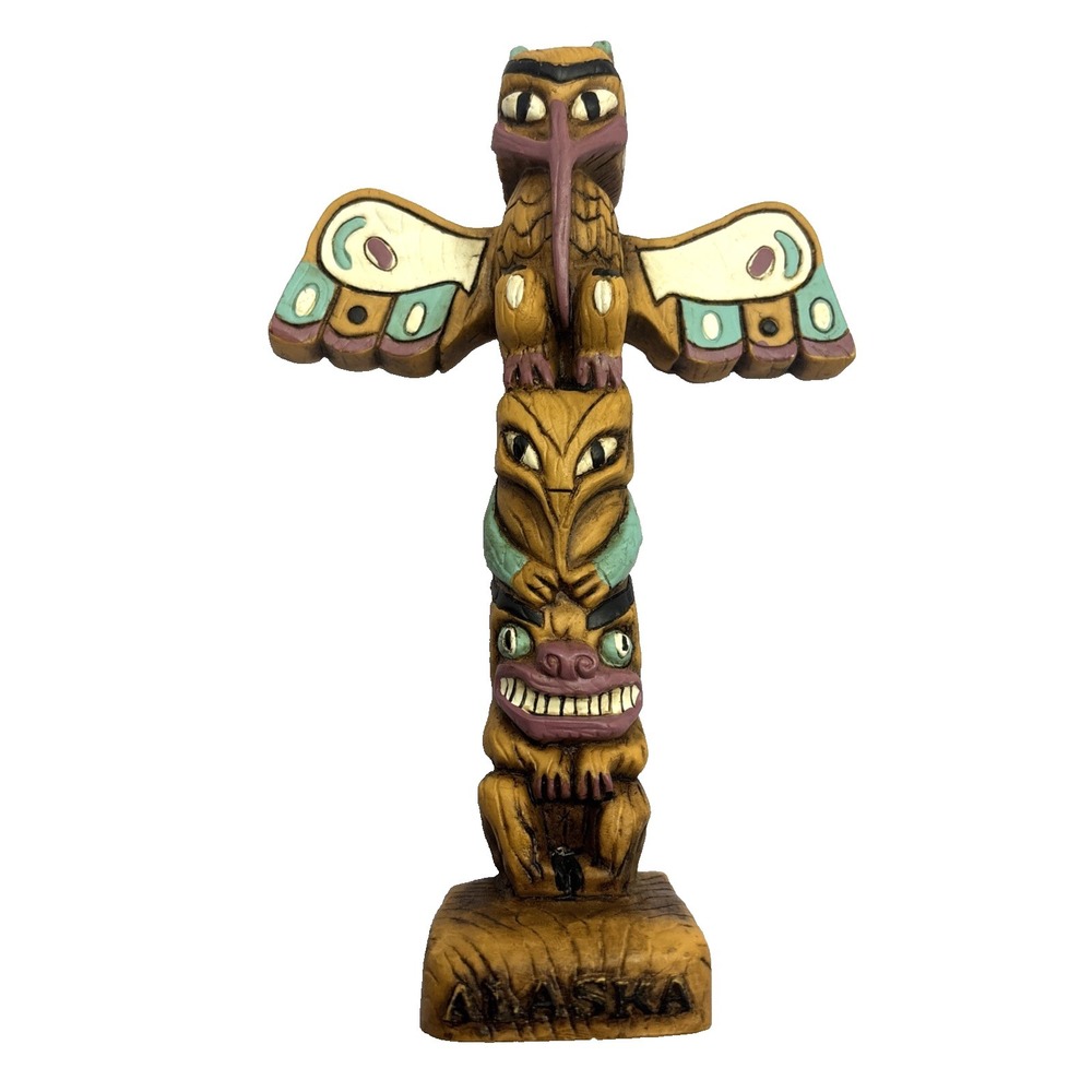 Alaska Colorful Carved Hand Painted Animal Totem Pole Resin Figurine 6.5"